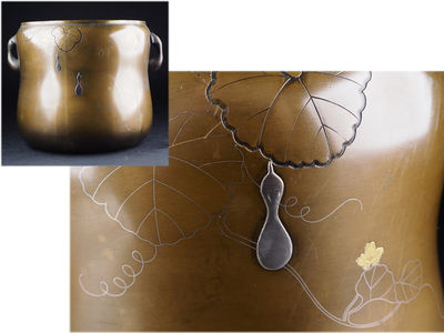 【夢工房】　時代宣徳銅金銀象嵌瓢地紋瓢箪火鉢　重さ3.6ｋｇ　来-3