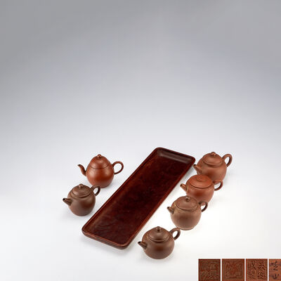 太田芝山作　煎茶盆 +
朱泥急須6個　在銘有