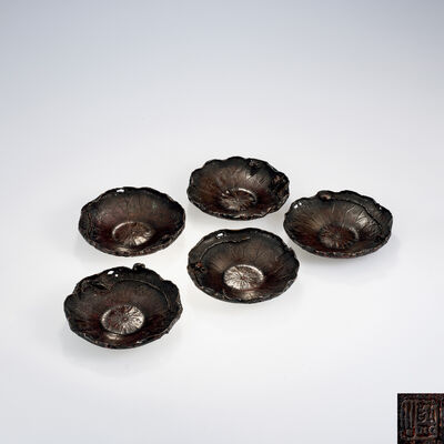 鷺山造 斑紫銅蓮葉蛙式茶托五客