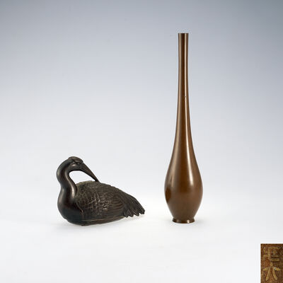 蔵六造青銅鶴首花入・古銅鶴形香炉（共箱有）