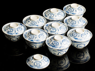 262-染付　蓋茶碗　九件
