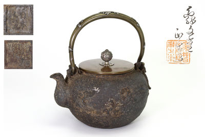 初代亀文堂正平造 山水飛鳥 鉄瓶（共箱）