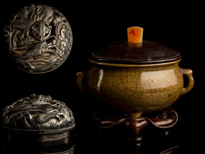 183-蕎麦釉　香爐　銀火屋付