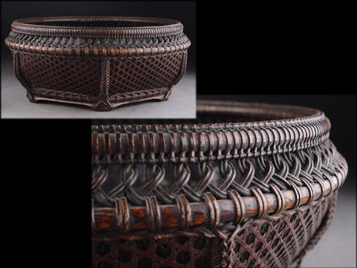 【夢工房】時代唐物煤竹編炭斗　209ｇ 丑-3