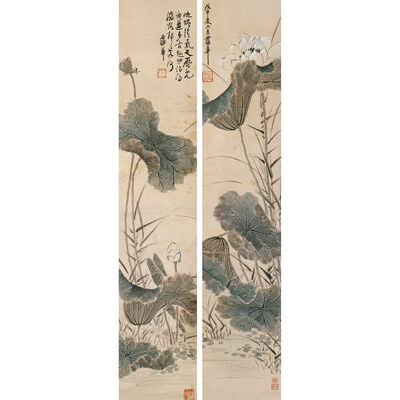 蒲華　蓮双幅図長尾甲題箱（元箱）