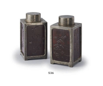 536 锡汉诗山水雕红木茶罐 （一对）