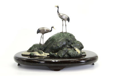 尚美堂造 岩上雙鶴亀遊 置物 （共箱）