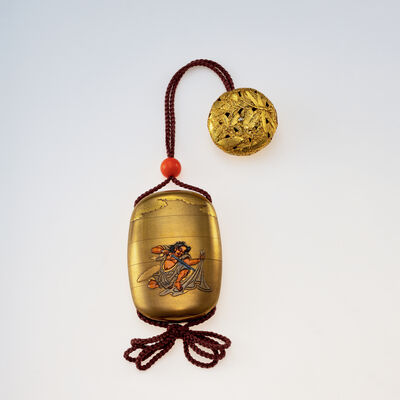 芝山作 金蒔絵芝山象嵌人物図印籠 塗金金工根付