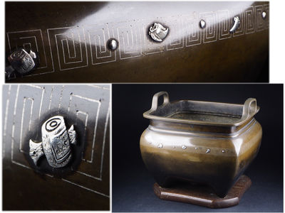 【夢工房】時代嵌銀宝尽銀象嵌雷紋角火鉢　9.5ｋｇ　来-22