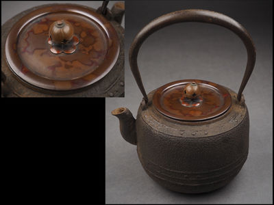 【夢工房】時代斑紫銅蓋累座形鉄瓶　寅-1