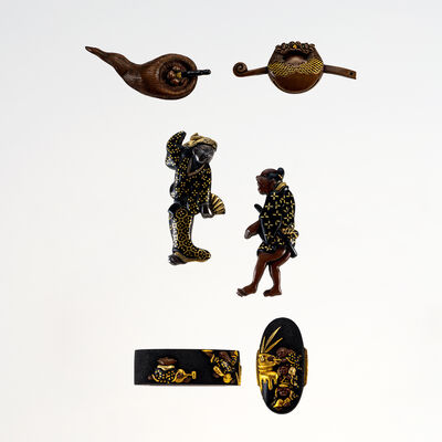 卧龍斎作 素銅仏具形目貫·人物形目貫·猩猩図縁頭 鑑定書有（其一共箱）