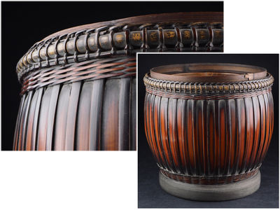 【夢工房】　時代煤竹編籃形瓶掛火鉢 重さ1.7ｋｇ　来-1