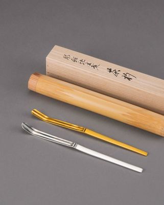 2275 田部健次作纯金纯银竹形茶勺 （一双）