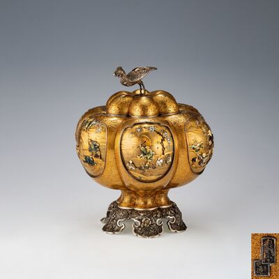 根本造 南瓜形螺鈿象嵌鳳凰摘蒔絵 芝山象嵌香炉（木箱）