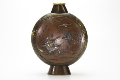 胴在銘 金銀象嵌 扁形銅花入