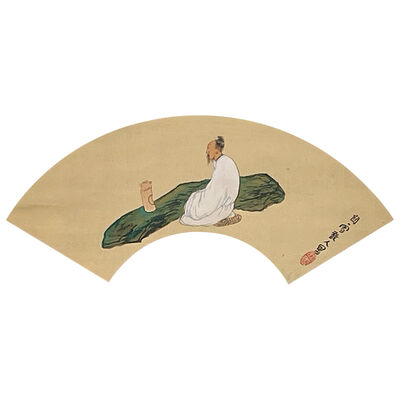 橋本関雪 煎茶図 扇面小品 絹本 設色 共箱