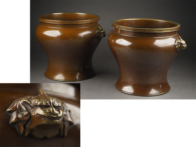 【夢工房】時代宣徳銅獣耳壺形火鉢一雙箱入　丁-2
