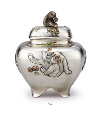 610 弌清 金银象嵌猿戏亀香炉