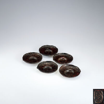 三代琢斎作　斑紫銅蓮蛙式茶托5客（共箱）