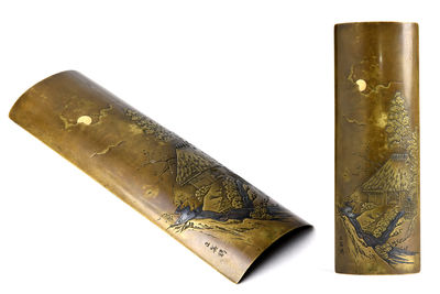 【夢工房】四谷正美造月下山水金赤銅象嵌金工銅茶合箱入　47ｇ　KY-2