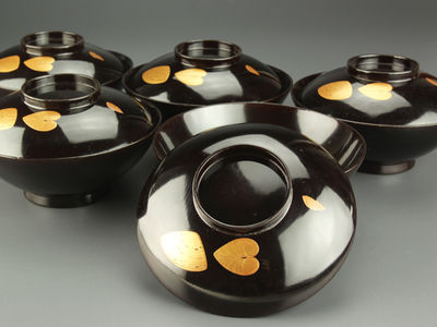 【雅】茶懐石道具 輪島塗 蛤蒔絵吸物椀五客 木製品 AR386