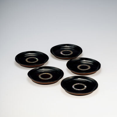 黑漆嵌螺鈿茶托5客　裏竹編（箱付）