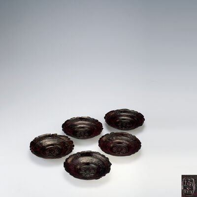 三代琢斎作　斑紫銅古代文茶托5客（共箱）