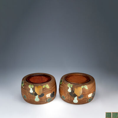 三浦乾也作　瓢箪象嵌木火鉢一対