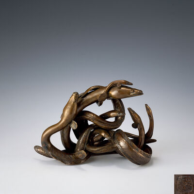 日本国丸喜製　銅製7匹鰻魚纏繞金工置物