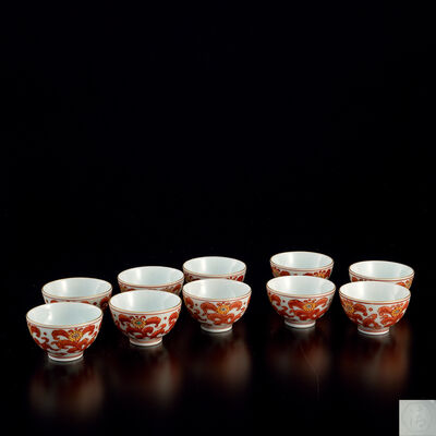 四代清水六兵衛作　赤絵唐草紋煎茶碗10客（共箱共布）