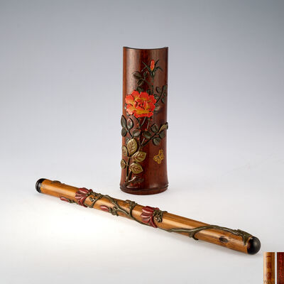 蜂花象嵌竹香筒・高肉長寿花画茶則　在銘（共箱/箱付）