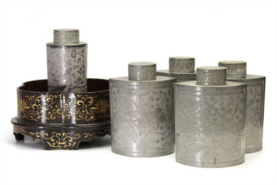 花鳥紋雕 古錫茶罐 5件組