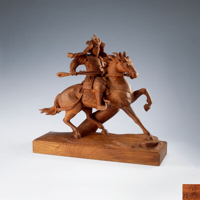 川原啓秀作　木彫楠木正成像置物　田村家旧蔵　高村光雲箱書（共箱）