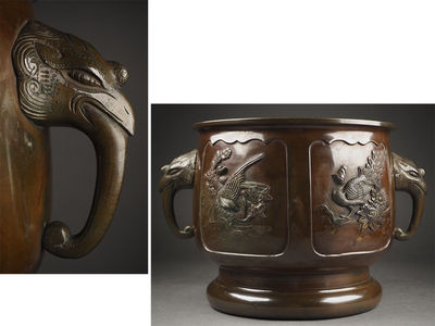 【夢工房】時代宣徳銅華鳥図鳳凰耳火鉢　丙-16