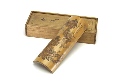 在銘 山水人物文 大竹茶合（共箱）