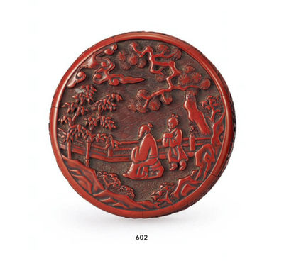 602 明初期 剔红松下人物雕香盒