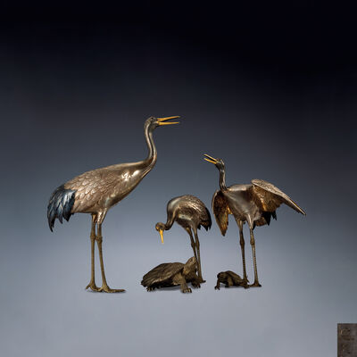 銀製鶴·亀置物 在銘有（木箱）