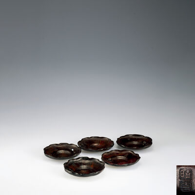 晴雲(原惣右衛門)作　銅蓮葉蟹茶托5客（共箱）