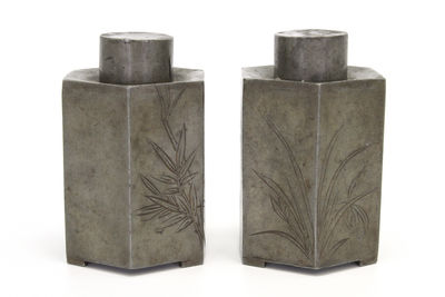 漢詩竹蘭刻 錫茶入一對