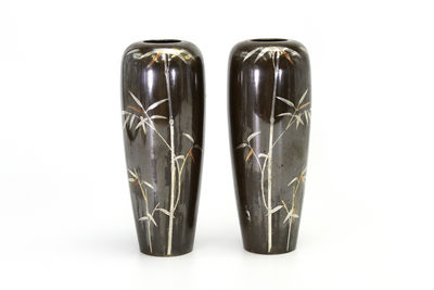 竹寫 金銀象嵌銅花入一對 在銘