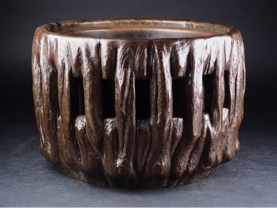 【夢工房】　時代水車輪式瓶掛火鉢　8.9ｋｇ　来-12