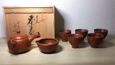 常滑焼 渡辺千洞 朱泥 千横行人　煎茶道具 茶器 急須 湯冷 煎茶碗 茶杯 共箱