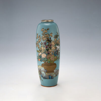 名古屋粂野締太郎作 銀線花籠図七宝花瓶