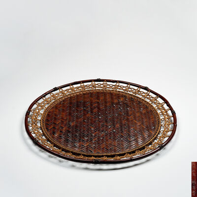 鈴木玩々斎造 鳳尾煤竹編瑞雲色紙掛（共箱）