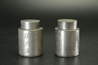 竹菊詩紋 純錫茶罐一對