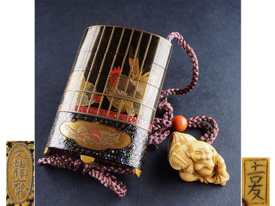 【夢工房】　 文龍斎造蒔絵鳥籠印籠・吉友作布袋根付桐箱　朝-5