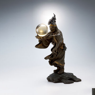 加納晴雲作　金工海神像置物　黄水晶付　宝石鑑定書有 高松宮殿下御成婚献上品（共箱尚美堂識）