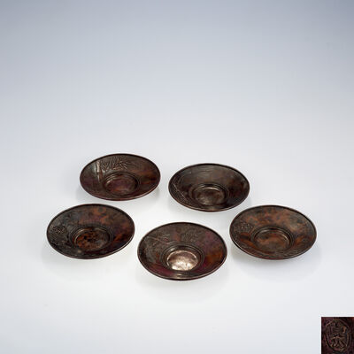 真山造 斑紫銅 五清文茶托五客（共箱）