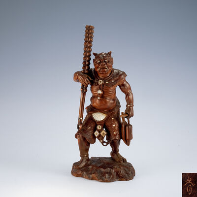 明山 鬼王木彫置物（箱付）