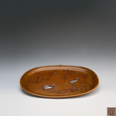 能川製　竹節写縁水鳥象嵌金工盤